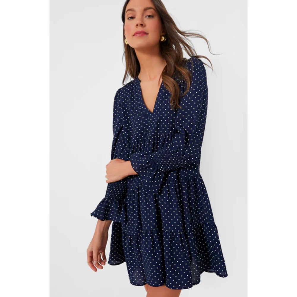 Pomander Place Navy Blue Polka Dot Long Sleeve Tiered Dress